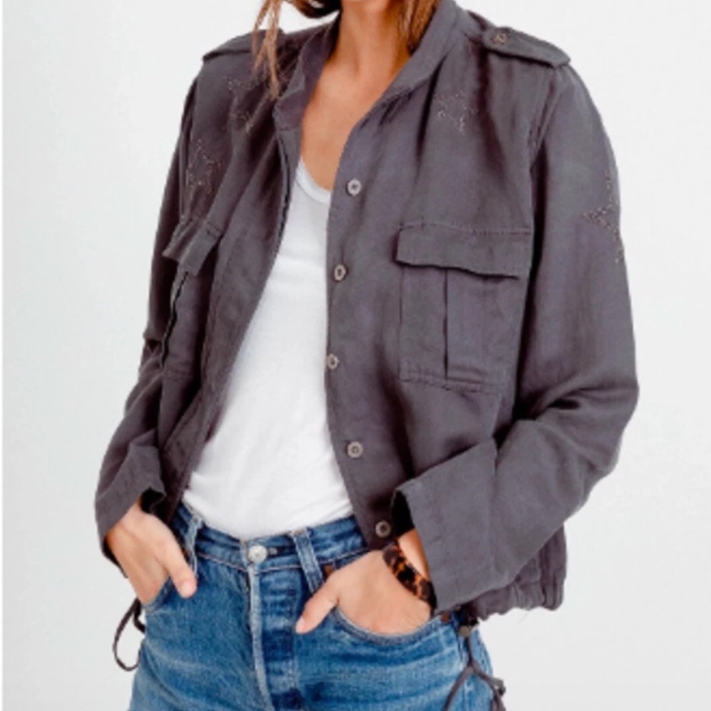 Rails Rowen Military Jacket Dark Gray Star Embroidered Tencel Linen XS